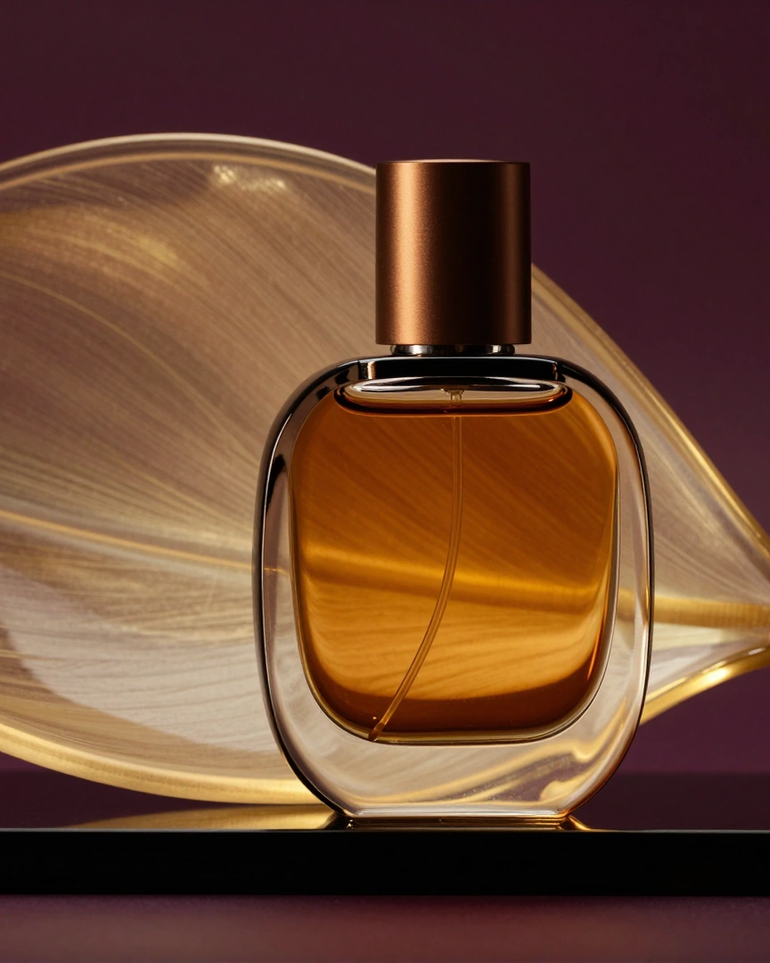 Fiktiver amberfarbener Duftflakon vor einer goldenen Glasskulptur auf auberginefarbenem Hintergrund.