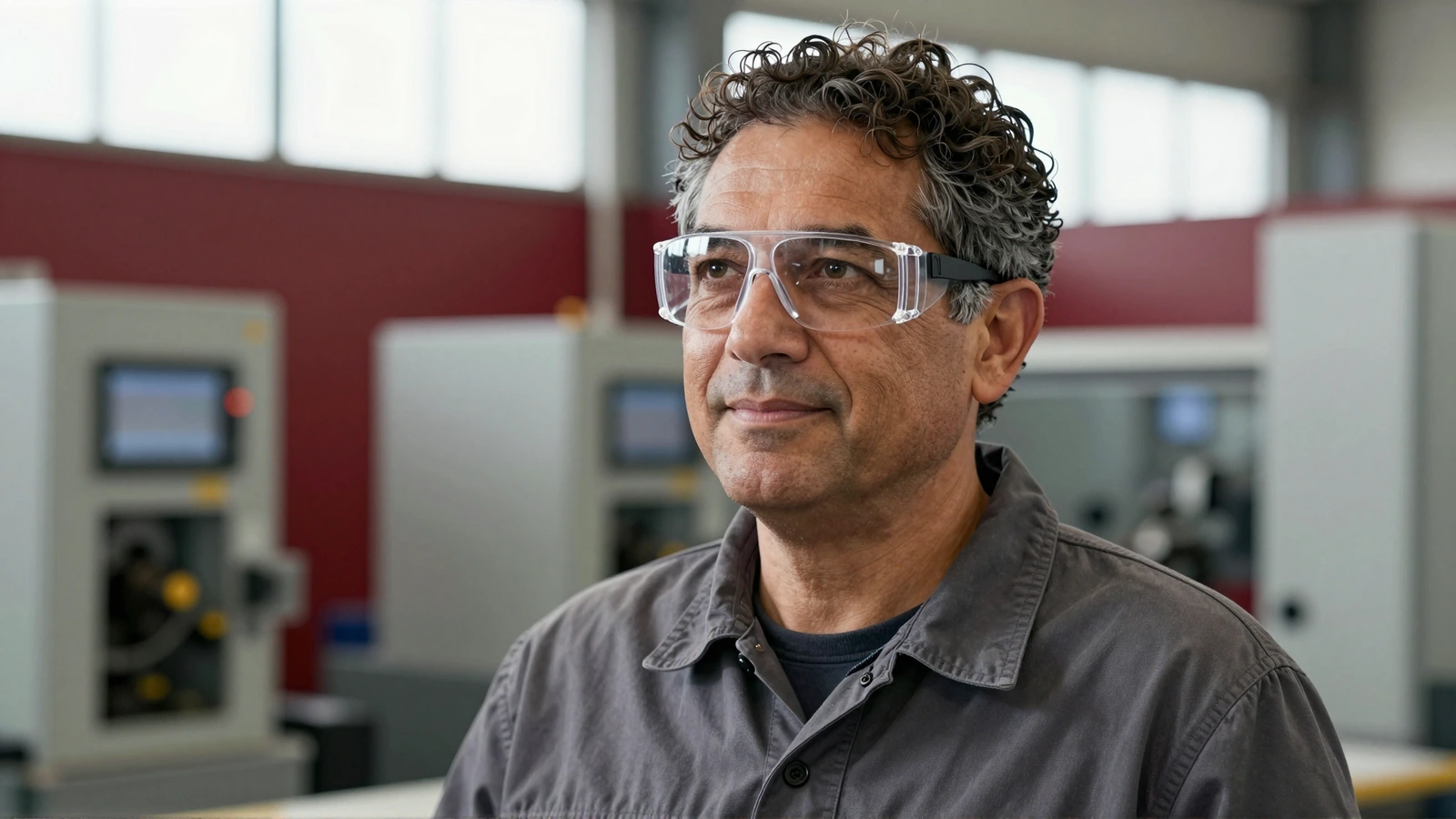 Fiktiver Fertigungsspezialist mit lockigem graumeliertem Haar und transparenter Schutzbrille in einer Werkhalle.
